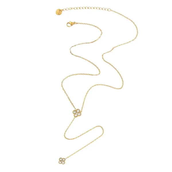 Crystal Clover Y Chain Necklace- Gold