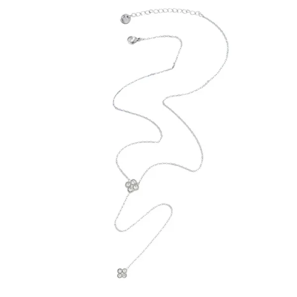 Crystal Clover Y Chain Necklace- Silver