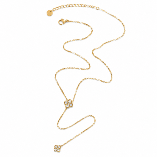Crystal Clover Y Chain Necklace- Gold