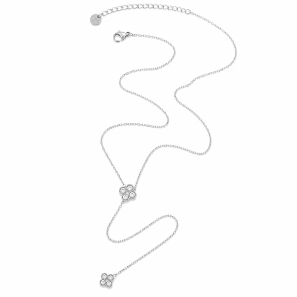 Crystal Clover Y Chain Necklace- Silver