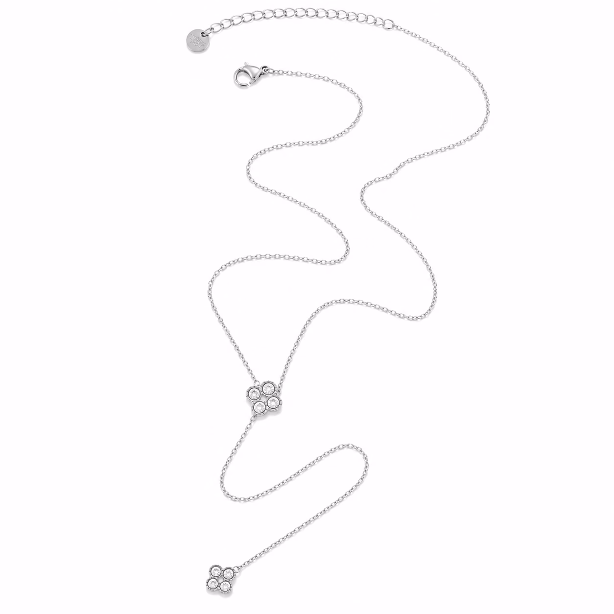 Crystal Clover Y Chain Necklace- Silver